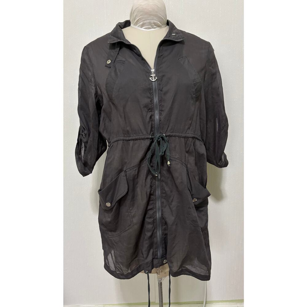 MurMur Women’s Gray Sheer Shirt Dress Full Zip Roll Tab Sleeves Cargo Ruched S
